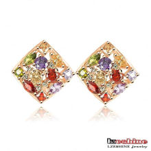 Gold Plated Multicolor Zircon Square Stud Earrings (ER0135-C)